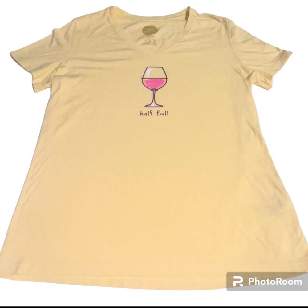 Life Is Good Half Full Wine Glass Women’s Cotton V-Neck T-Shirt Yellow Small - Picture 2 of 12